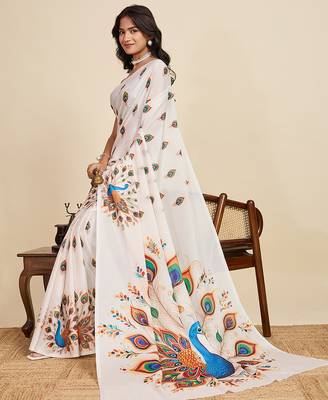 Off white chinon printed partywear saree 4