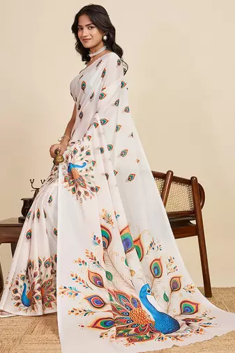 Off white chinon printed partywear saree