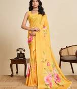 Yellow color chinon fabric printed partywear saree