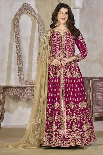 Rani pink color art silk embroidered anarkali salwar kameez
