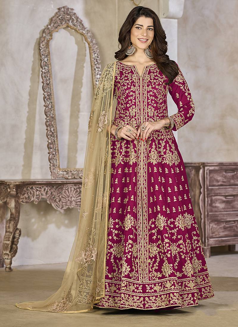 Rani pink color art silk embroidered anarkali salwar kameez