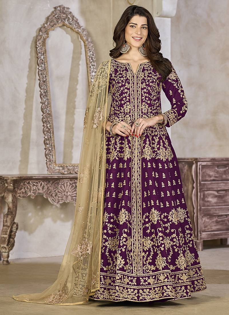 Purple color art silk embroidered anarkali salwar kameez
