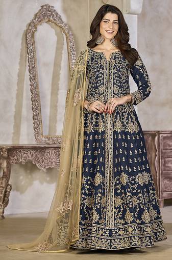 Navy blue color art silk embroidered anarkali salwar kameez