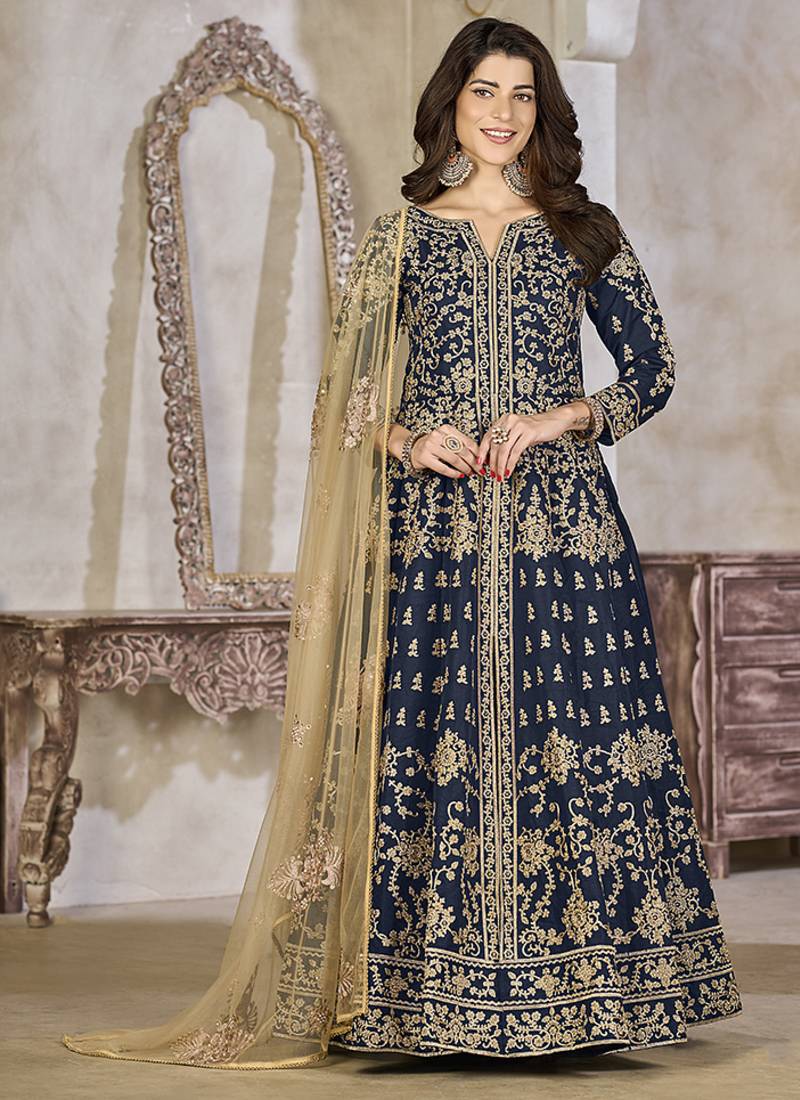 Navy blue color art silk embroidered anarkali salwar kameez