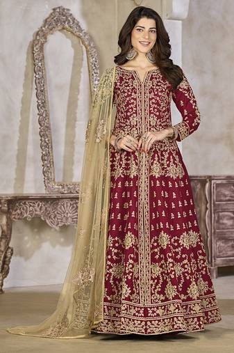 Maroon color art silk embroidered anarkali salwar kameez