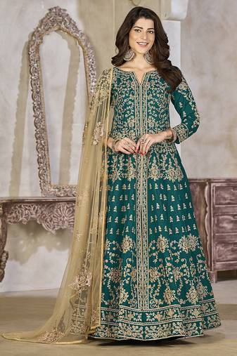 Teal color art silk embroidered anarkali salwar kameez