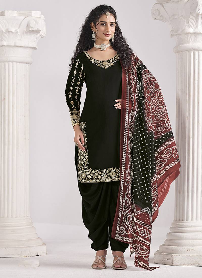 Embroidered chanderi silk black mirror work salwar kameez