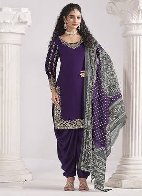 Embroidered chanderi silk blend purple mirror work salwar kameez 1