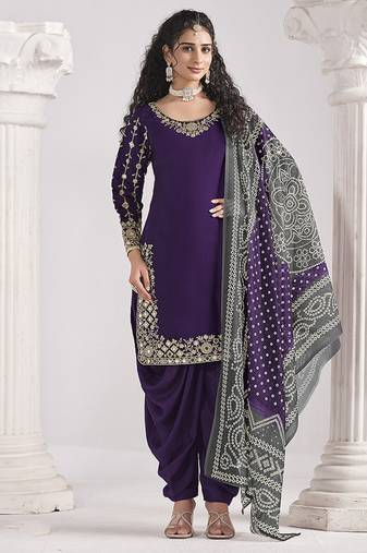 Embroidered chanderi silk purple mirror work salwar kameez