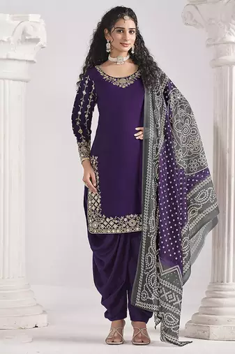 Embroidered chanderi silk purple mirror work salwar kameez