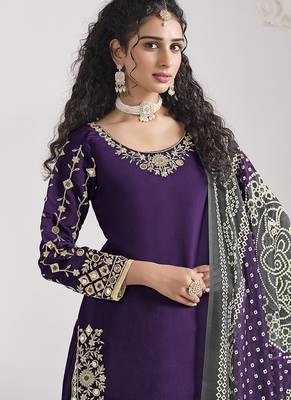 Embroidered chanderi silk blend purple mirror work salwar kameez 2