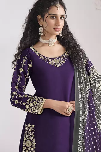 Embroidered chanderi silk blend purple mirror work salwar kameez