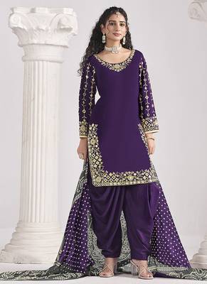 Embroidered chanderi silk blend purple mirror work salwar kameez 3