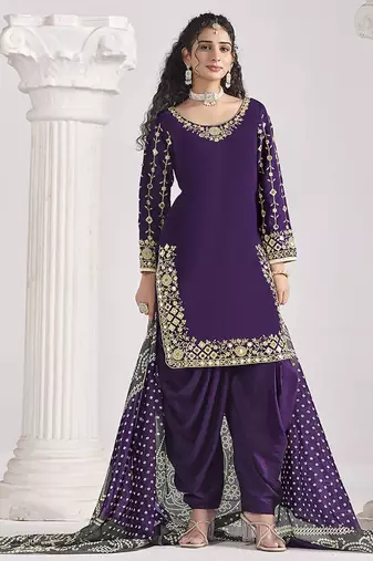 Embroidered chanderi silk blend purple mirror work salwar kameez
