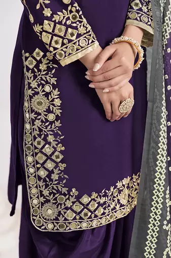 Embroidered chanderi silk blend purple mirror work salwar kameez
