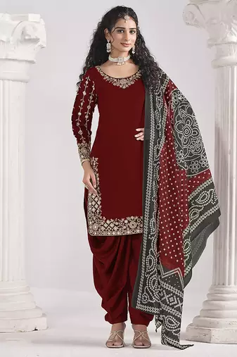 Embroidered chanderi silk maroon mirror work salwar kameez