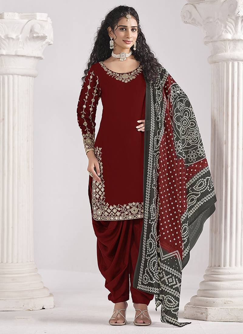 Embroidered chanderi silk maroon mirror work salwar kameez