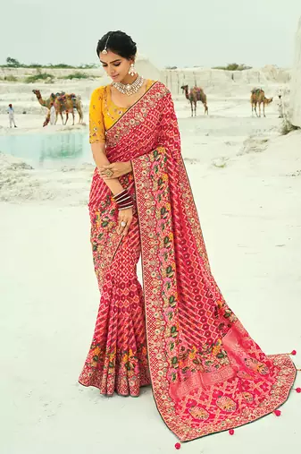 Rani pink embroidered georgette bandhej designer saree