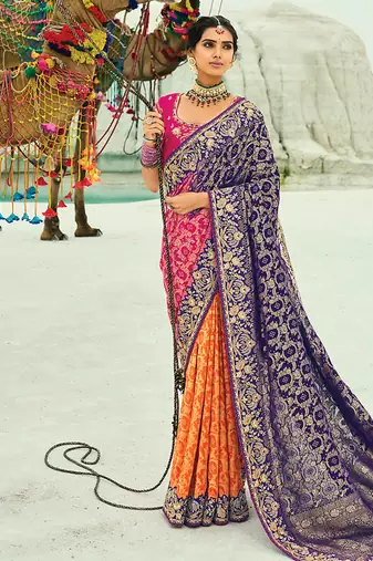 Multicolor embroidered georgette bandhej designer saree