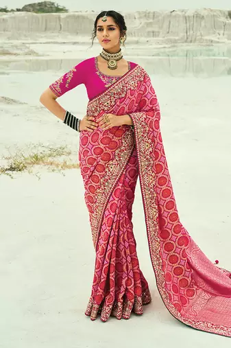Rani pink embroidered georgette bandhej designer saree