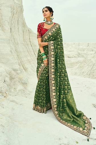 Green embroidered georgette bandhej designer saree