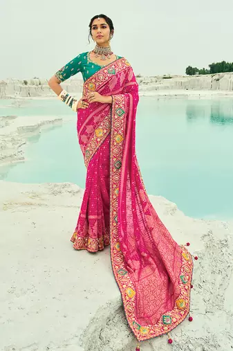 Rani pink embroidered georgette bandhej designer saree