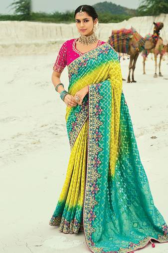 Multicolor embroidered georgette bandhej designer saree