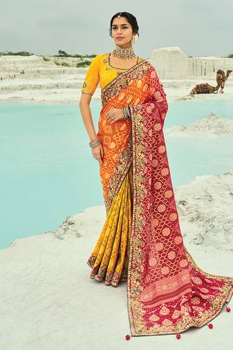 Multicolor embroidered georgette bandhej designer saree