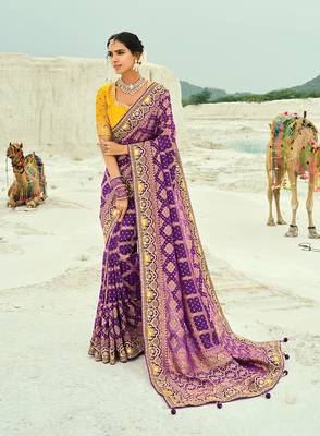 Purple embroidered faux georgette bandhej saree 1