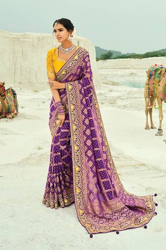 Purple embroidered georgette bandhej designer saree