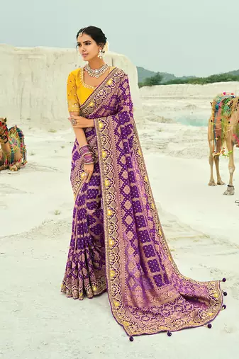 Purple embroidered georgette bandhej designer saree