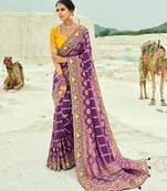 Purple embroidered georgette bandhej designer saree