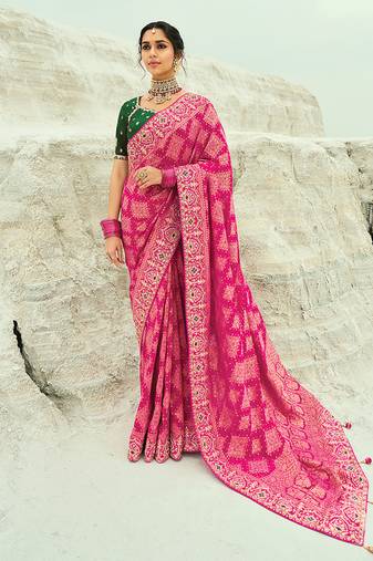 Rani pink embroidered georgette bandhej designer saree