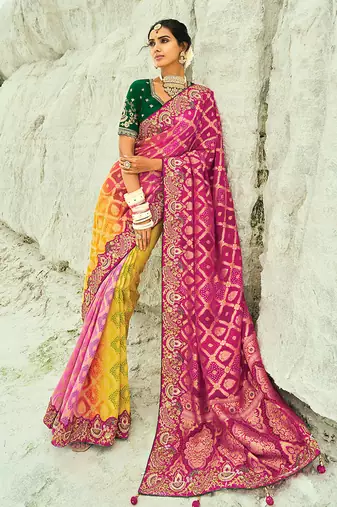 Multicolor embroidered georgette bandhej designer saree
