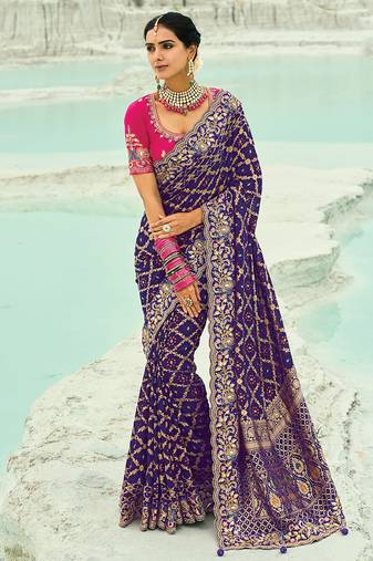 Violet embroidered georgette bandhej designer saree
