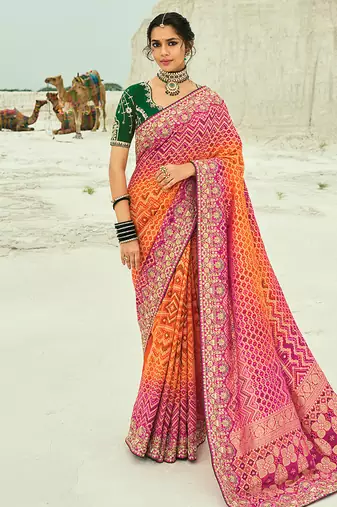 Multicolor embroidered georgette bandhej designer saree