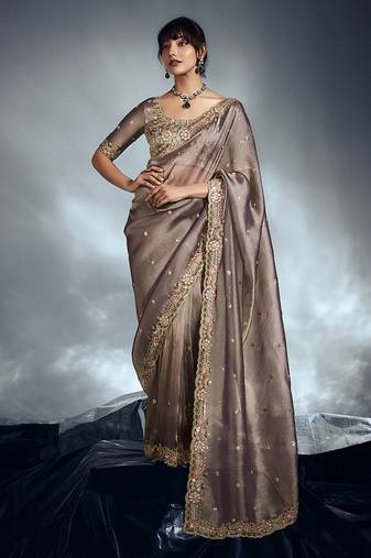 Light brown tissue organza saree with moti, cutdana & sequins work