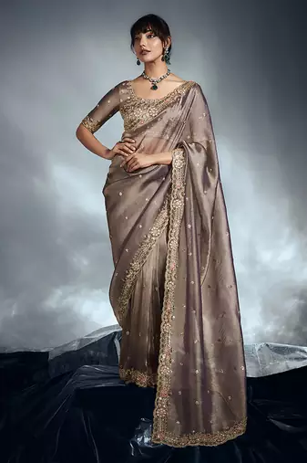 Light brown tissue organza saree with moti, cutdana & sequins work