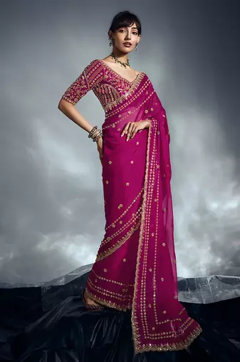 Magenta pink tissue organza saree with moti, cutdana & sequins work