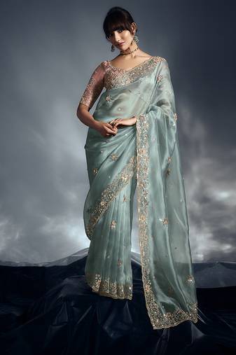Light blue tissue organza saree with moti, cutdana & sequin khatli work