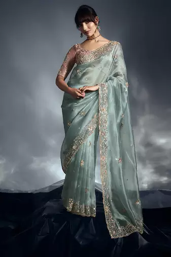 Light blue tissue organza saree with moti, cutdana & sequin khatli work