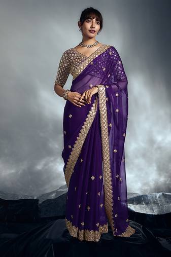 Purple tissue organza saree with moti, cutdana & sequin khatli work