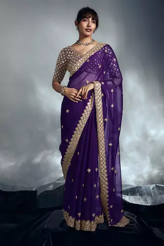 Purple tissue organza saree with moti, cutdana & sequin khatli work