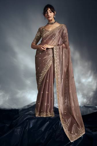 Dusty pink tissue organza saree with moti, cutdana & sequins khatli work