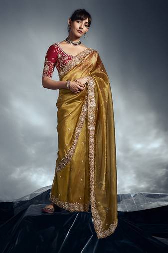 Mustard tissue organza saree with moti, cutdana & sequins khatli work