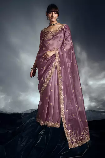 Designer onion pink tissue organza saree with moti, cutdana & sequins work