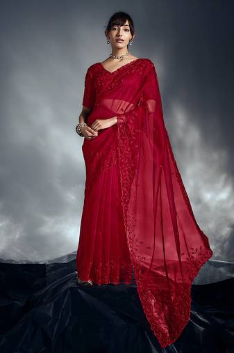 Red tissue organza saree with moti, cutdana & sequin work