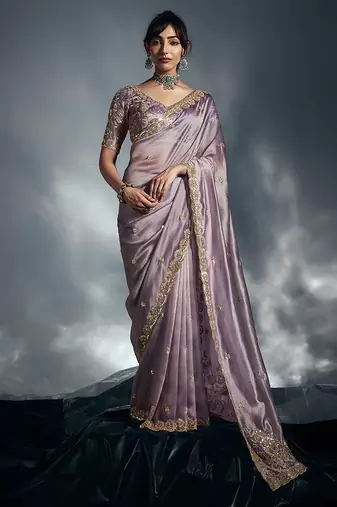 Lilac tissue organza saree with moti, cutdana & sequin work