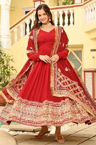 Red faux georgette zari sequins embroidered flared gown with heavy dupatta