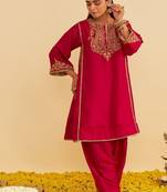Hot pink embroidered silk kurta set  With Dupatta